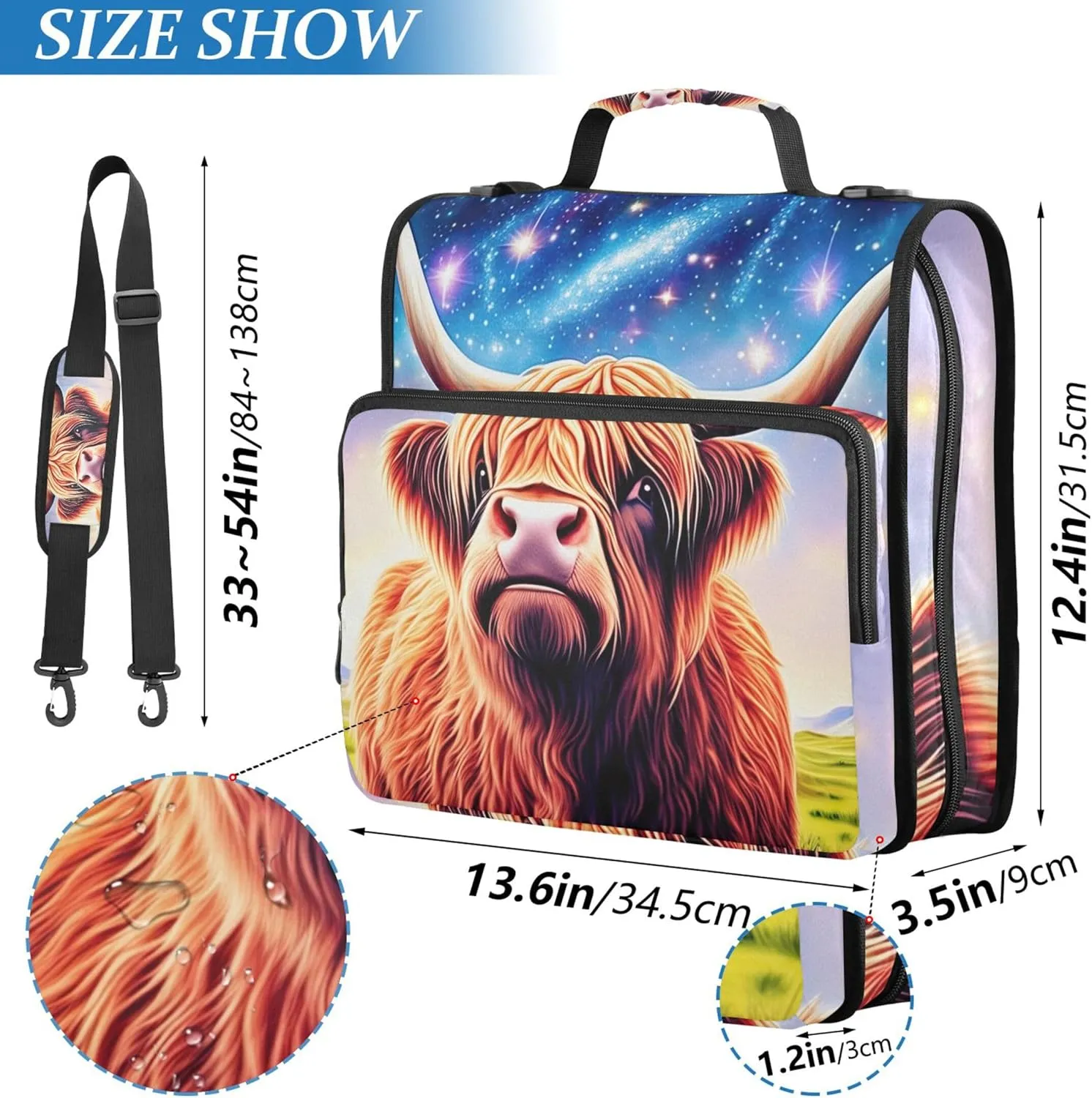 Glittery Highland Cow Colorful Binder Zipper Organizer 3 Ring Binders 1 1/2 Inch D Ring School Binder Bag with Shoulder Strap Storage Portfolio Case with Handle