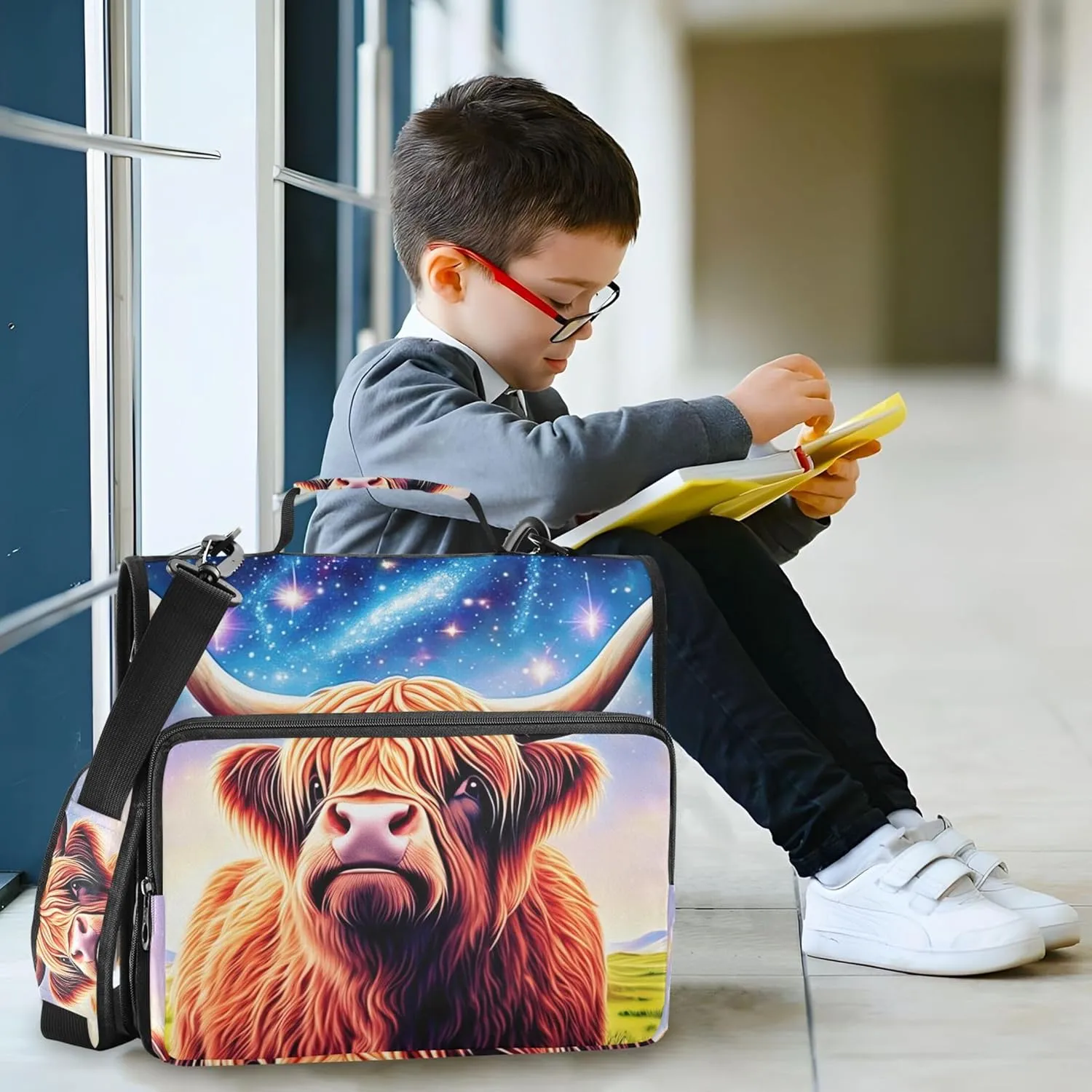 Glittery Highland Cow Colorful Binder Zipper Organizer 3 Ring Binders 1 1/2 Inch D Ring School Binder Bag with Shoulder Strap Storage Portfolio Case with Handle