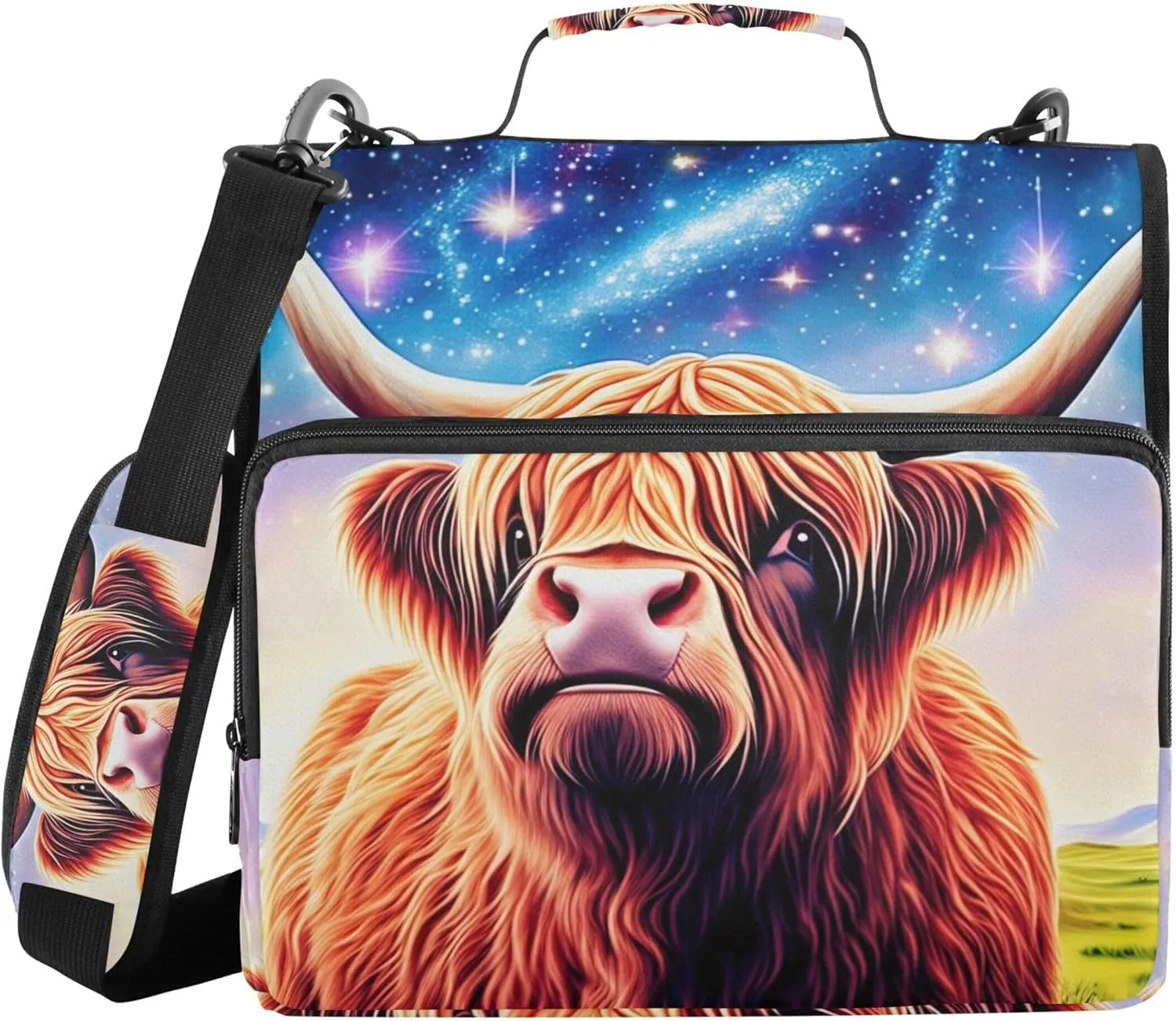 Glittery Highland Cow Colorful Binder Zipper Organizer 3 Ring Binders 1 1/2 Inch D Ring School Binder Bag with Shoulder Strap Storage Portfolio Case with Handle