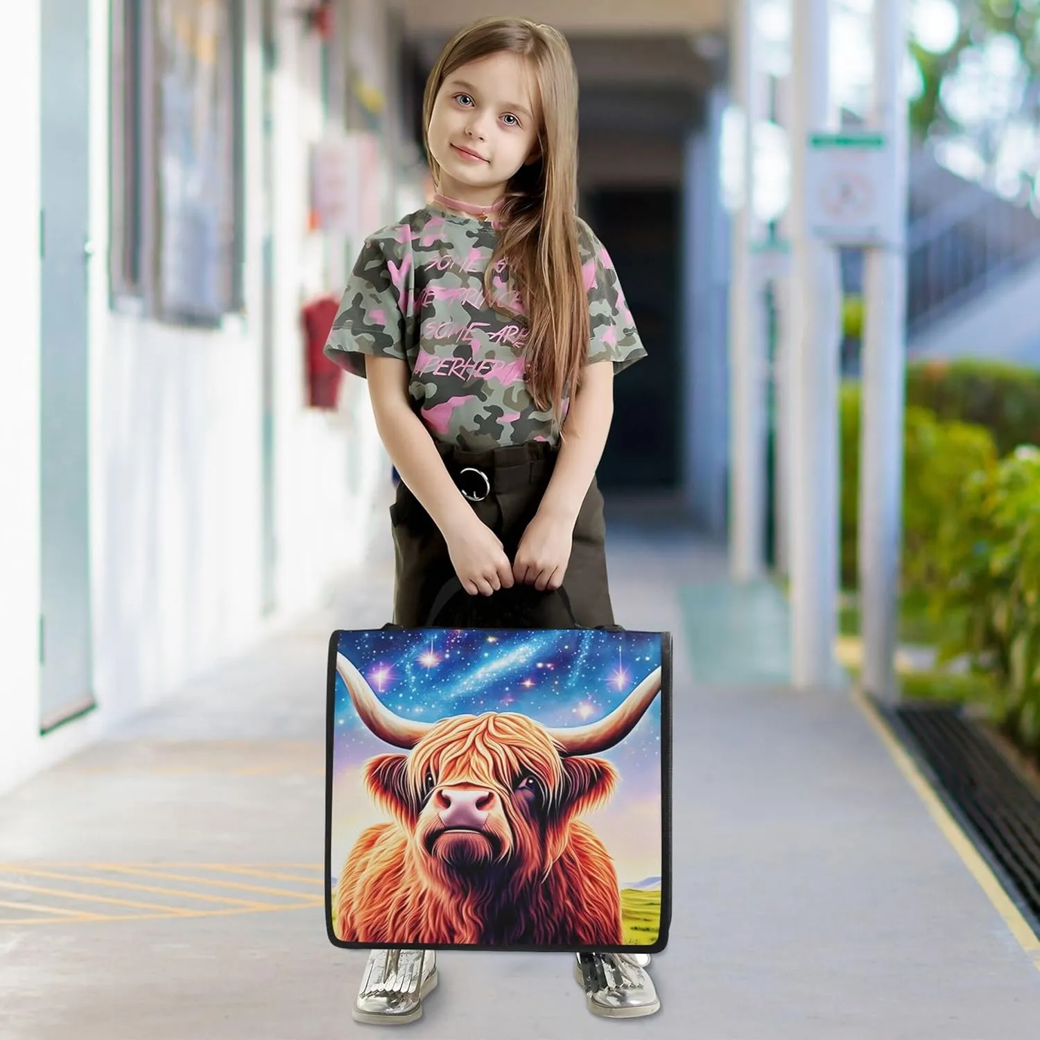 Glittery Highland Cow Colorful Binder Zipper Organizer 3 Ring Binders 1 1/2 Inch D Ring School Binder Bag with Shoulder Strap Storage Portfolio Case with Handle