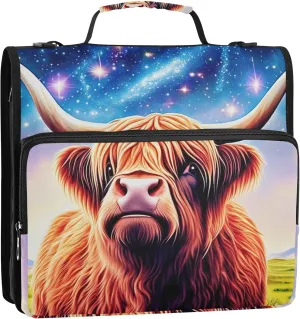 Glittery Highland Cow Colorful Binder Zipper Organizer 3 Ring Binders 1 1/2 Inch D Ring School Binder Bag with Shoulder Strap Storage Portfolio Case with Handle