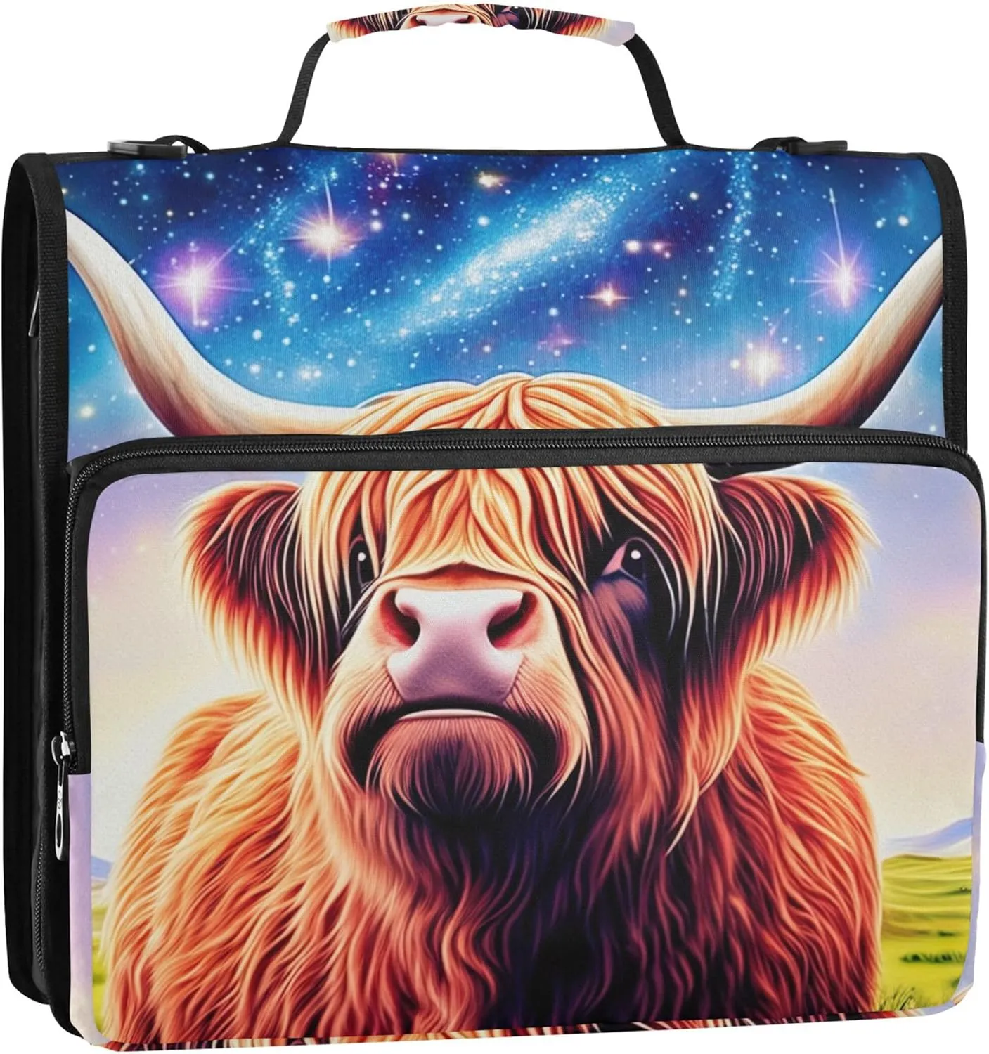Glittery Highland Cow Colorful Binder Zipper Organizer 3 Ring Binders 1 1/2 Inch D Ring School Binder Bag with Shoulder Strap Storage Portfolio Case with Handle