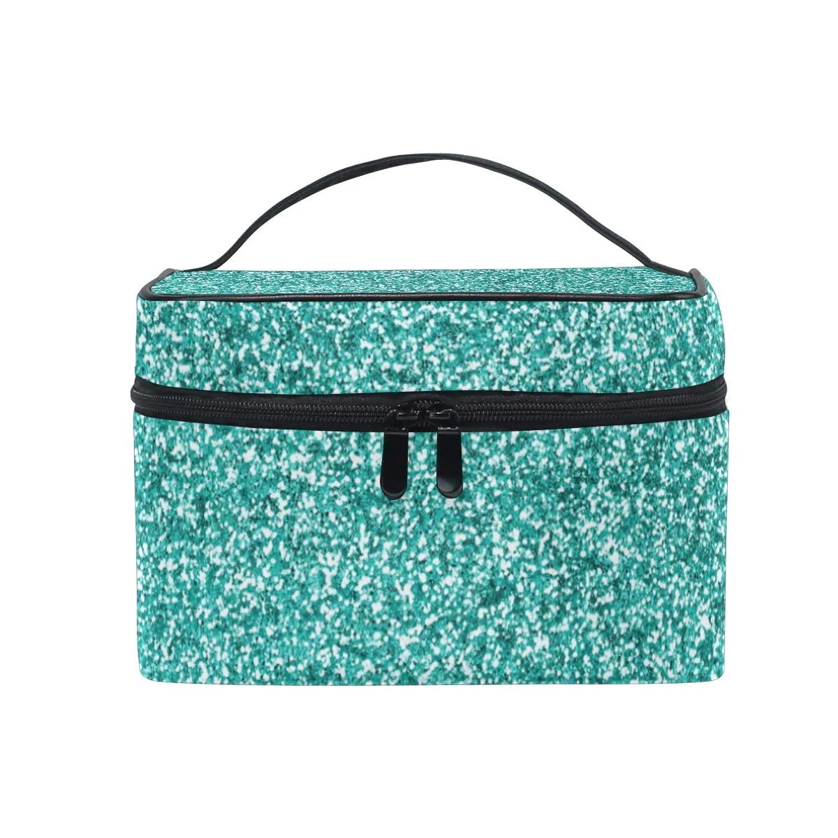 Glittery Teal Turquoise Makeup Case Versatile Portable Cosmetic Bag Travel Hanging Toiletry Pouch Organizer for Women Girls