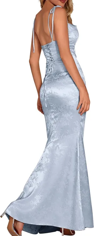 GLNEGE Women's Satin Bodycon Maxi Dress Elegant Formal Spaghetti Strap Cowl Neck Evening Party Dresses