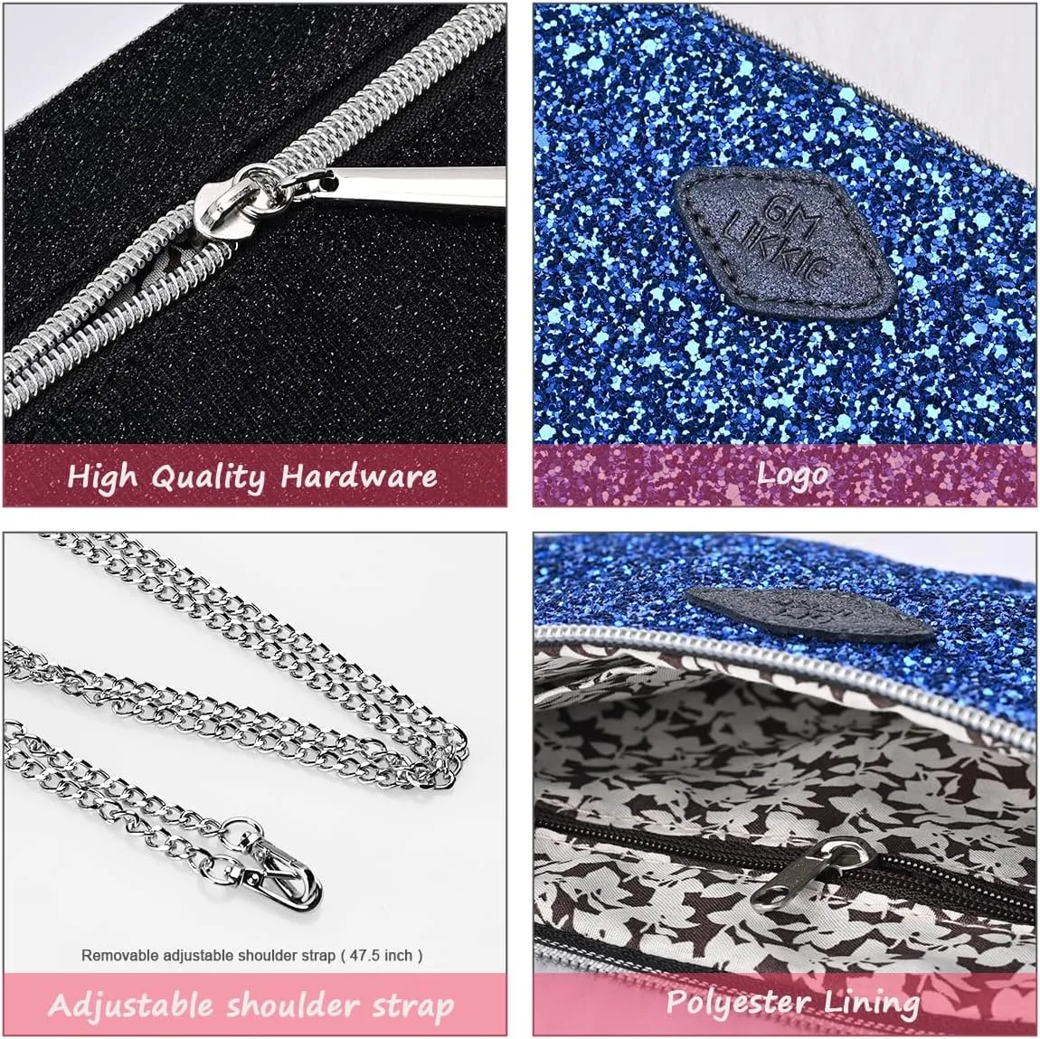 GM LIKKIE Crossbody Clutch Purse for Women, Glitter Evening Bag, Sequin Wedding Handbag for Party