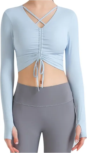Going Out Tops for Women Workout Ballet Tie Knot Lace Up Compression Shirt Long Sleeve Y2k Tracksuit with Thumb Holes