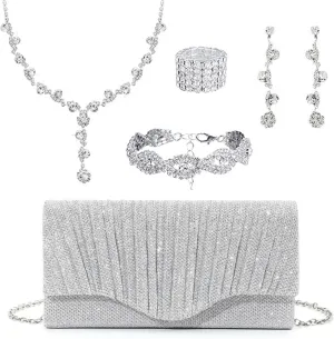 Gold Clutch Purses Prom Accessories Crystal Rhinestone Jewelry Set for Women Bride Wedding Evening Party