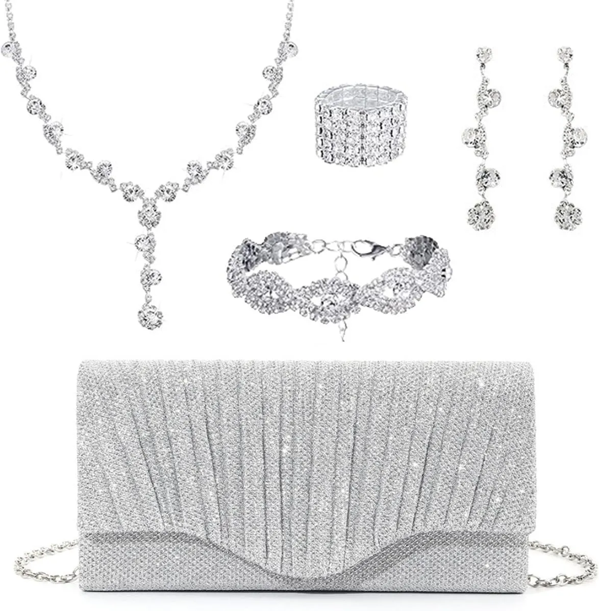 Gold Clutch Purses Prom Accessories Crystal Rhinestone Jewelry Set for Women Bride Wedding Evening Party