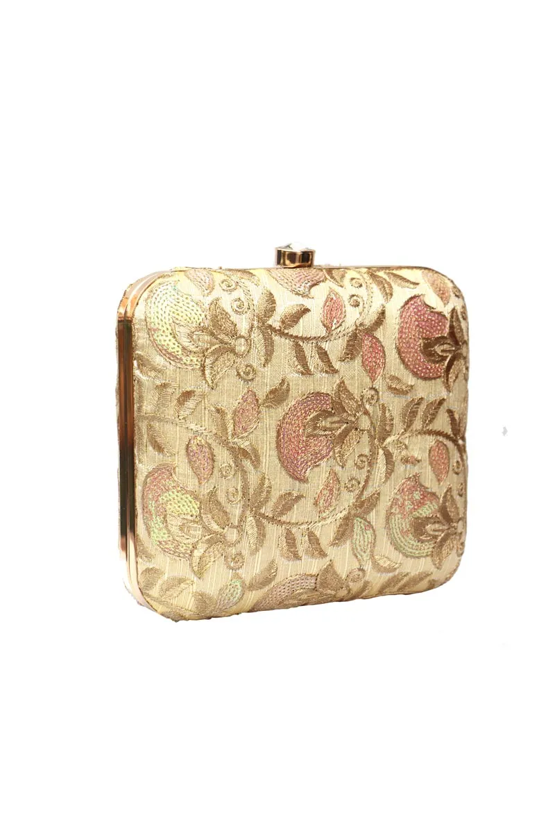 Golden Printed Embellished Box Clutch