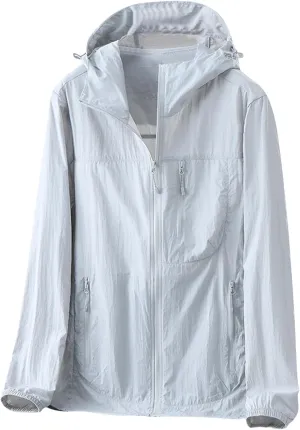 Gorgeous Unisex Solid Color UV Sunscreen Clothing Coat Lightweight Seaside Wear Hooded Zipper Long Sleeved Jacket
