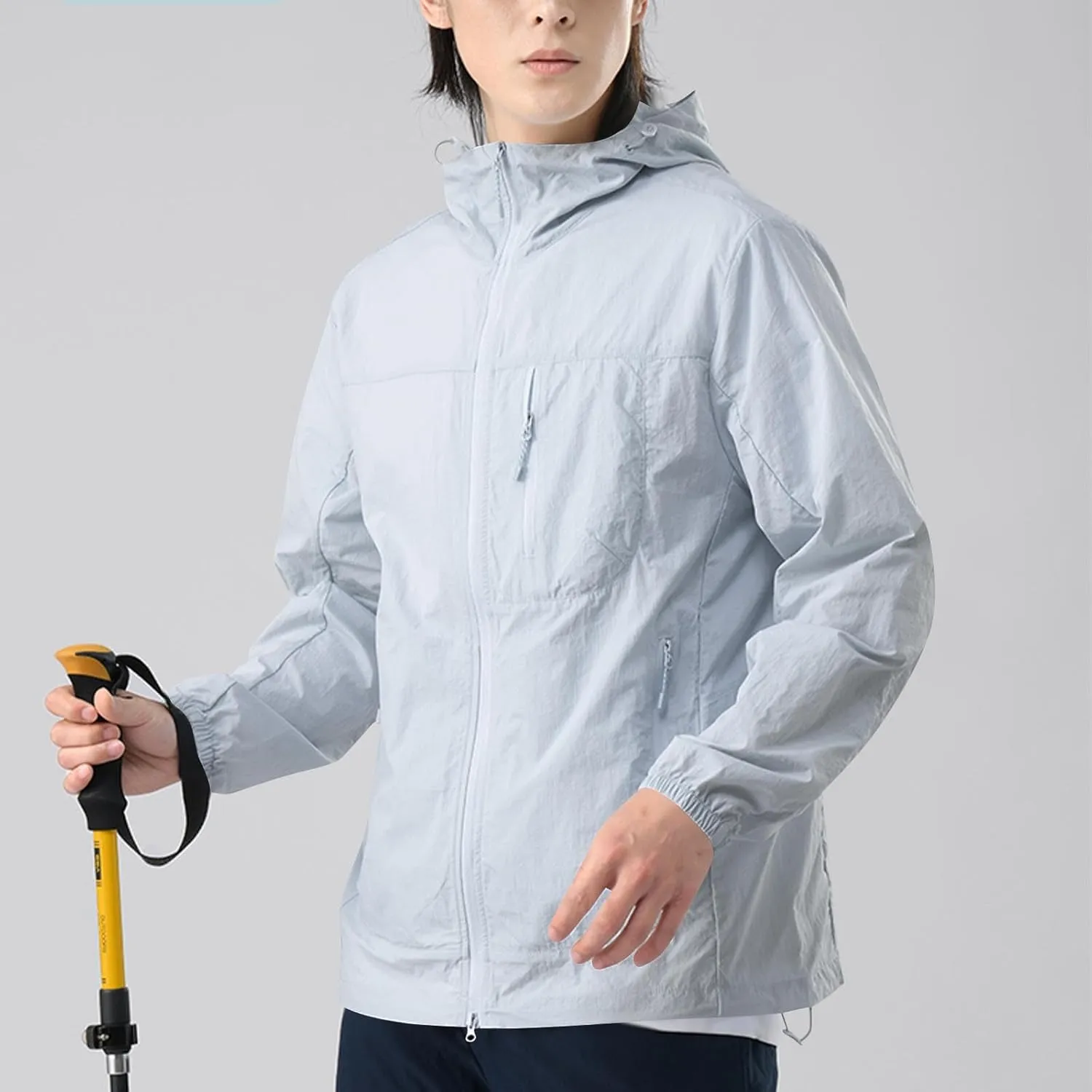 Gorgeous Unisex Solid Color UV Sunscreen Clothing Coat Lightweight Seaside Wear Hooded Zipper Long Sleeved Jacket