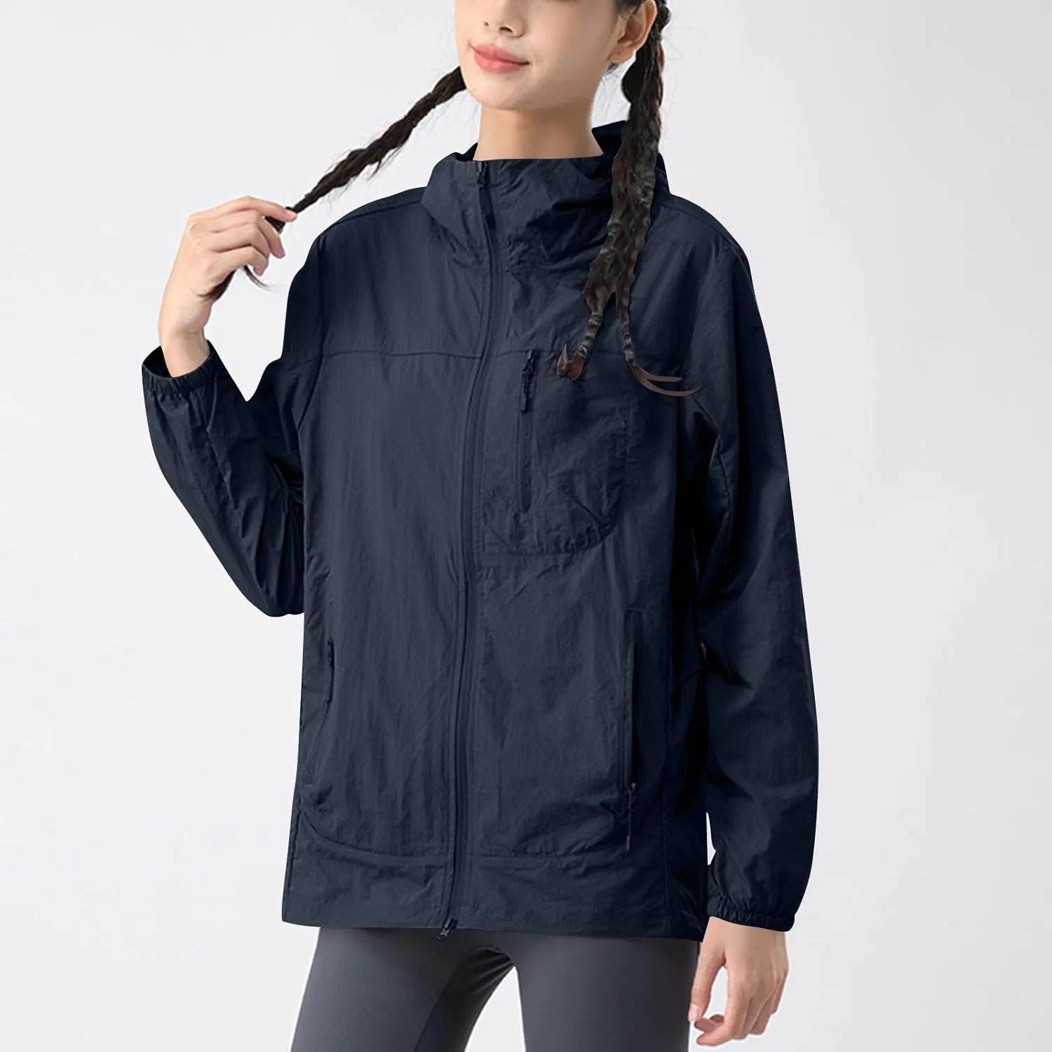 Gorgeous Unisex Solid Color UV Sunscreen Clothing Coat Lightweight Seaside Wear Hooded Zipper Long Sleeved Jacket