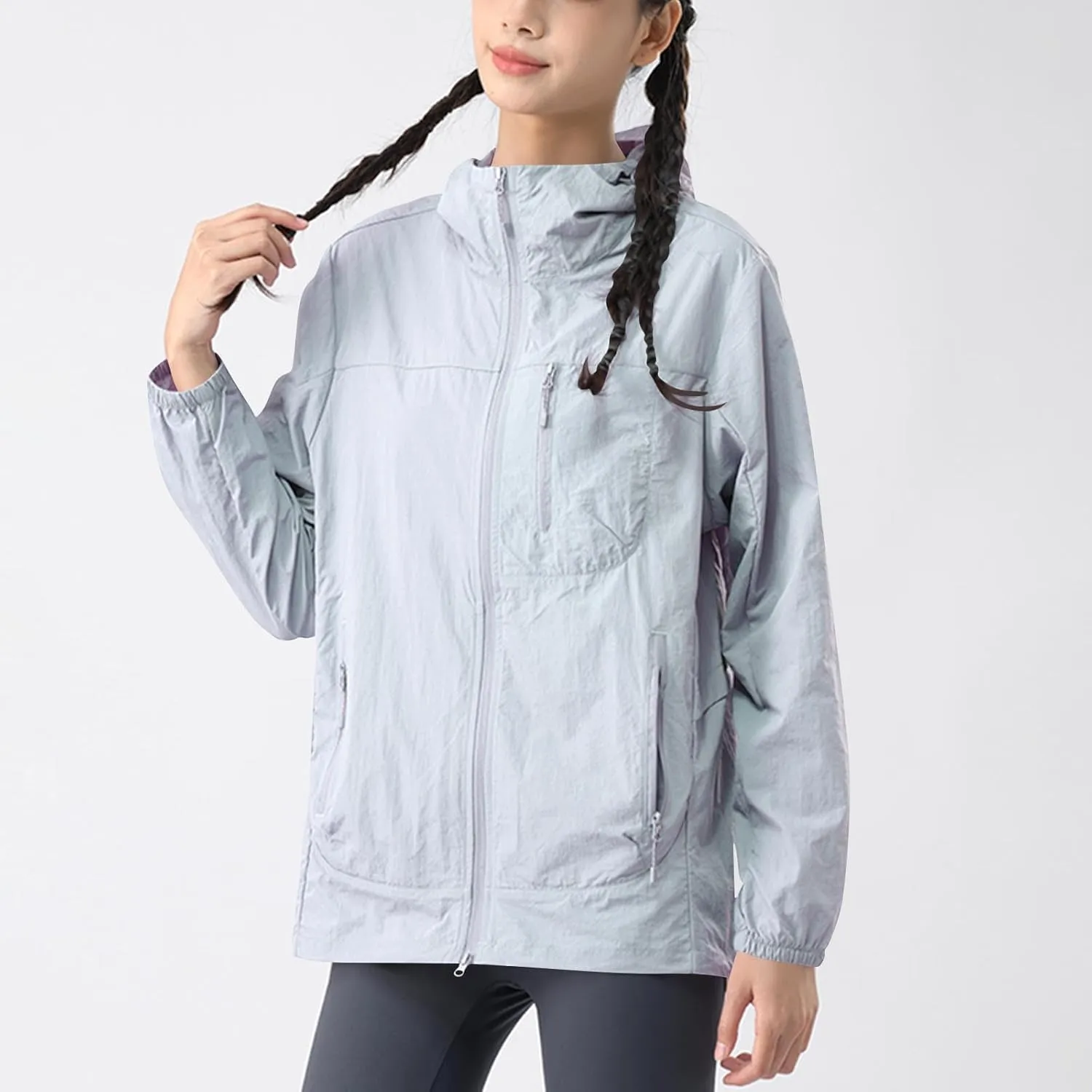 Gorgeous Unisex Solid Color UV Sunscreen Clothing Coat Lightweight Seaside Wear Hooded Zipper Long Sleeved Jacket