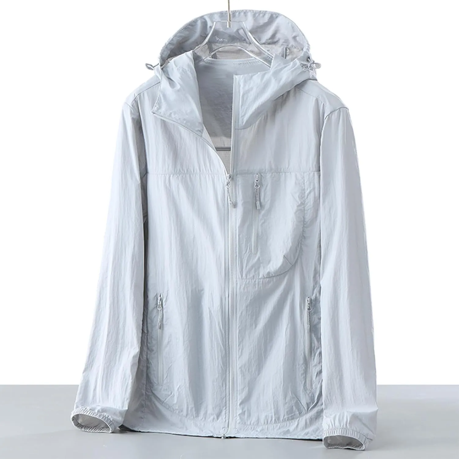 Gorgeous Unisex Solid Color UV Sunscreen Clothing Coat Lightweight Seaside Wear Hooded Zipper Long Sleeved Jacket