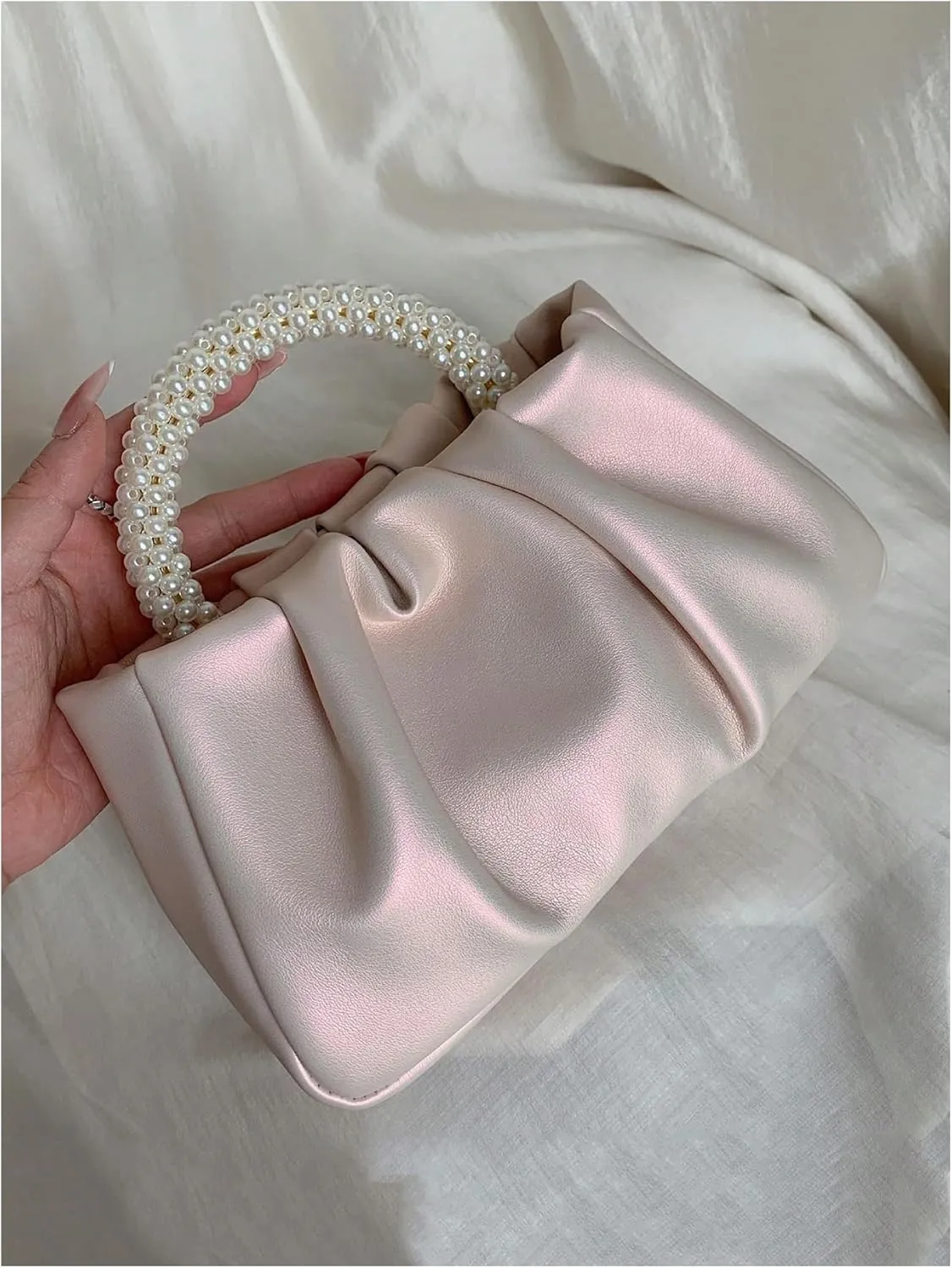 GORGLITTER Women's Evening Bag Pearl Purses Leather Ruched Handbags Wedding Bridal Clutch Party Prom Crossbody Purses