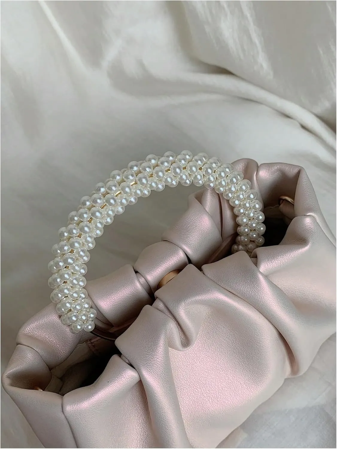 GORGLITTER Women's Evening Bag Pearl Purses Leather Ruched Handbags Wedding Bridal Clutch Party Prom Crossbody Purses