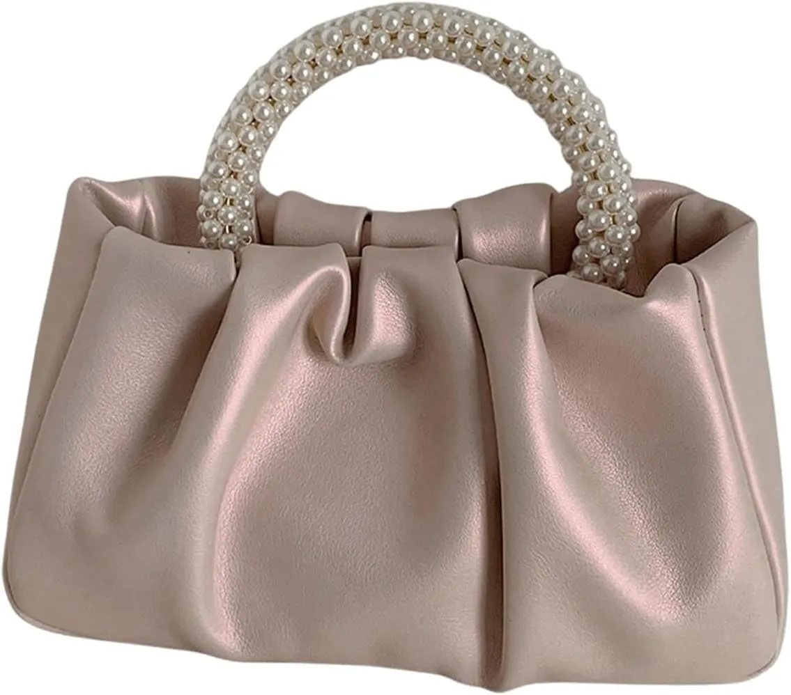 GORGLITTER Women's Evening Bag Pearl Purses Leather Ruched Handbags Wedding Bridal Clutch Party Prom Crossbody Purses