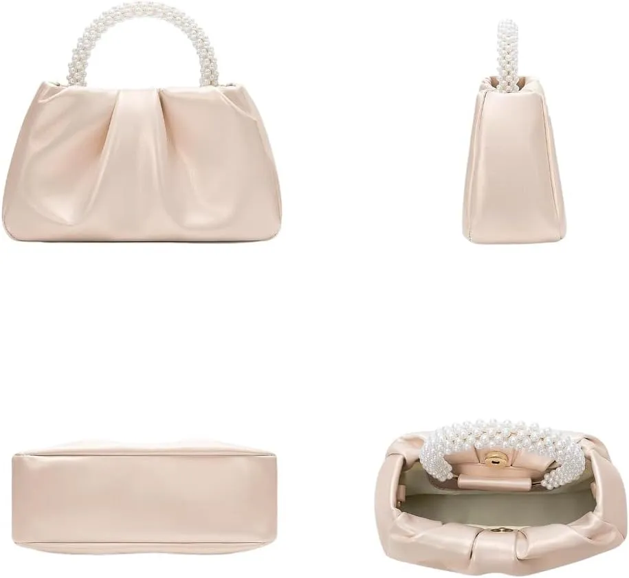 GORGLITTER Women's Evening Bag Pearl Purses Leather Ruched Handbags Wedding Bridal Clutch Party Prom Crossbody Purses