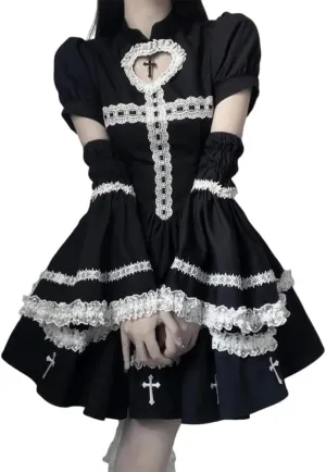 Gothic Lolita Dress Sweet Fluffy Detachable Horn Sleeve Cosplay Punk Goth Black Female Dresses