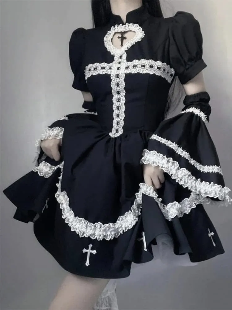 Gothic Lolita Dress Sweet Fluffy Detachable Horn Sleeve Cosplay Punk Goth Black Female Dresses