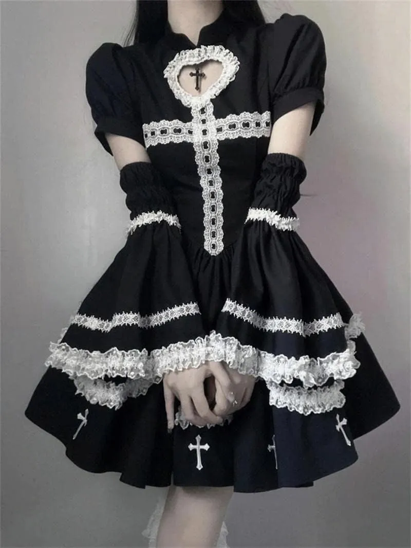 Gothic Lolita Dress Sweet Fluffy Detachable Horn Sleeve Cosplay Punk Goth Black Female Dresses