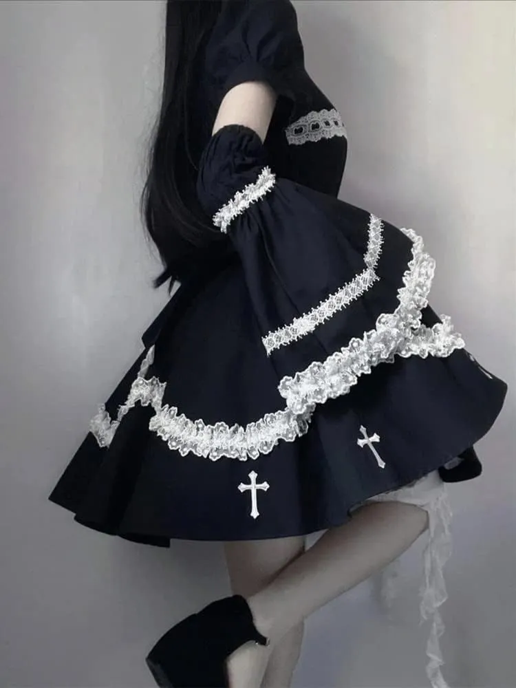 Gothic Lolita Dress Sweet Fluffy Detachable Horn Sleeve Cosplay Punk Goth Black Female Dresses