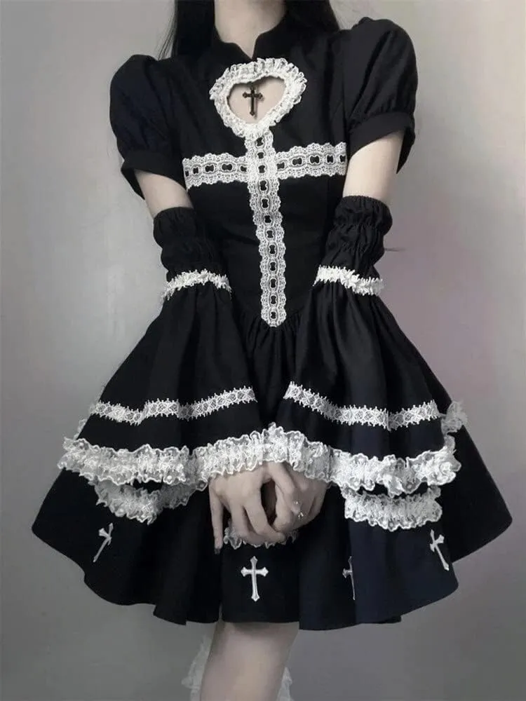 Gothic Lolita Dress Sweet Fluffy Detachable Horn Sleeve Cosplay Punk Goth Black Female Dresses