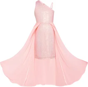GRACE KARIN Girls Sequin Dress for Teens One Shoulder Formal Birthday Party Wedding Pageant Prom Fancy Dresses 6-14Y