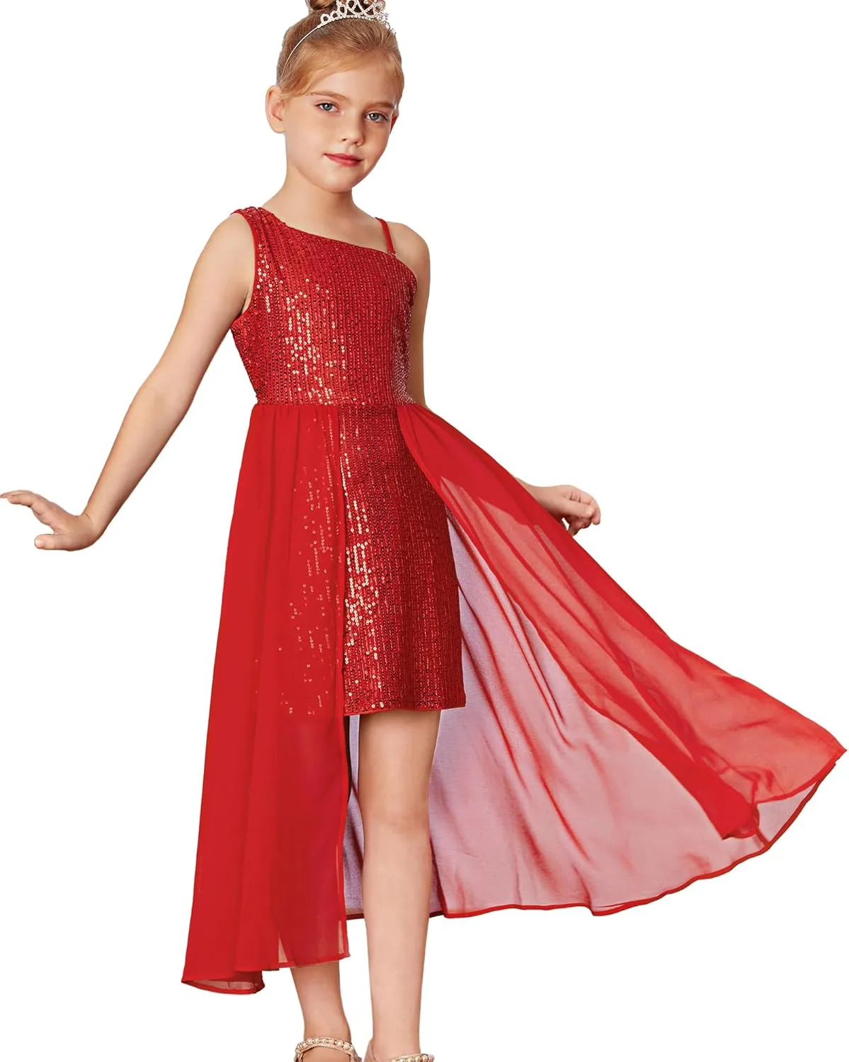 GRACE KARIN Girls Sequin Dress for Teens One Shoulder Formal Birthday Party Wedding Pageant Prom Fancy Dresses 6-14Y