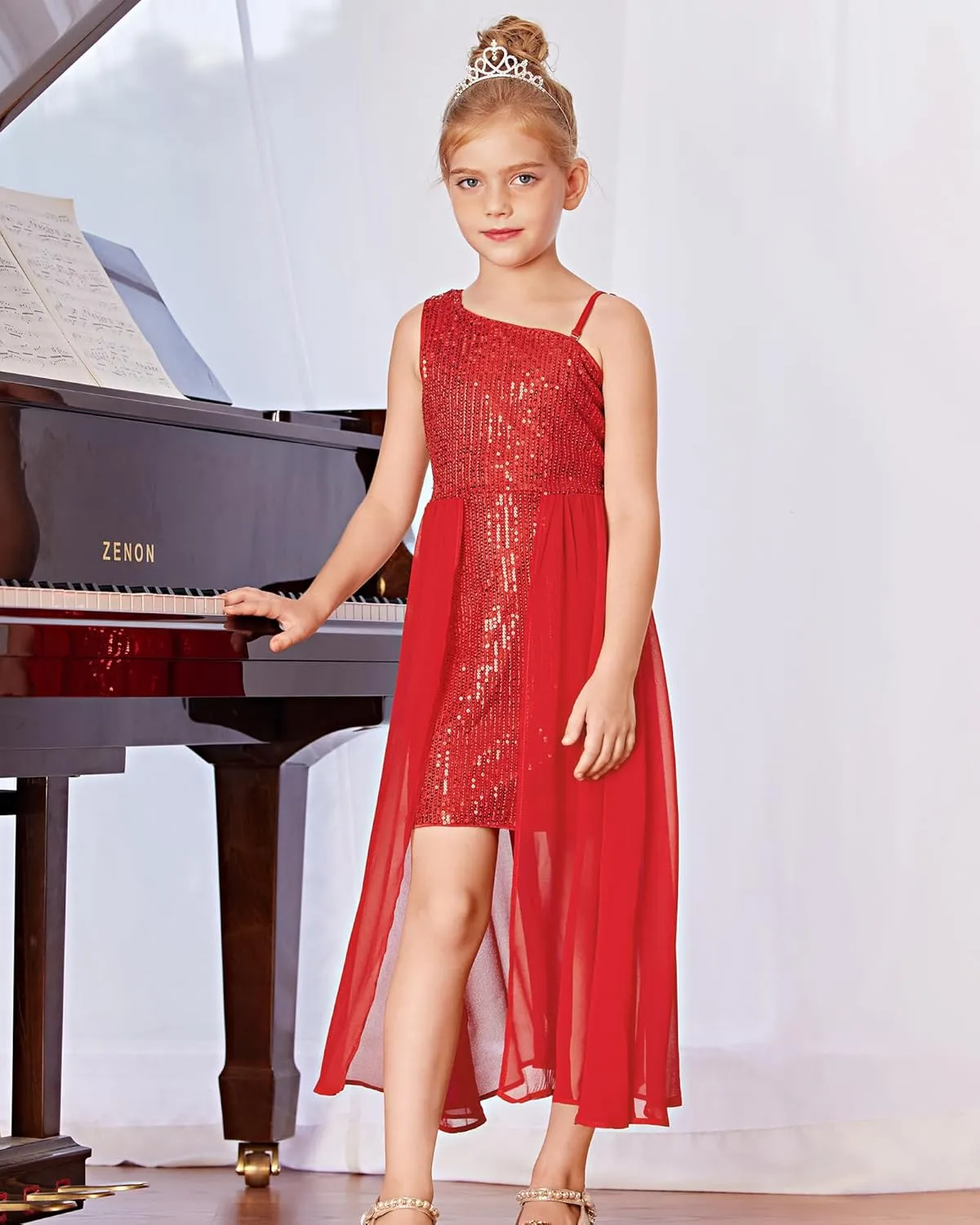 GRACE KARIN Girls Sequin Dress for Teens One Shoulder Formal Birthday Party Wedding Pageant Prom Fancy Dresses 6-14Y