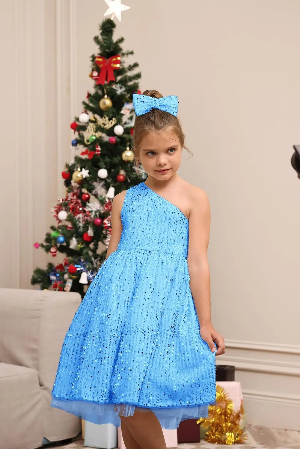 GRACE KARIN Girls Sequin Dress One Shoulder Wedding Party Gown with Hair Bow 5-12Y