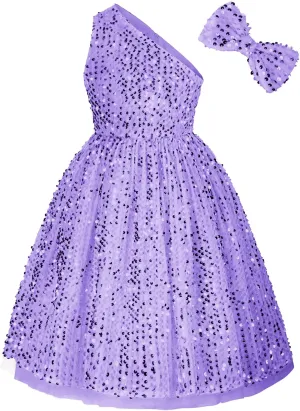 GRACE KARIN Girls Sequin Dress One Shoulder Wedding Party Gown with Hair Bow 5-12Y