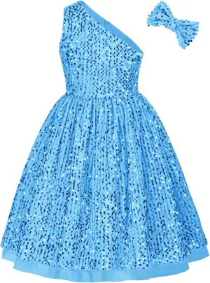 GRACE KARIN Girls Sequin Dress One Shoulder Wedding Party Gown with Hair Bow 5-12Y