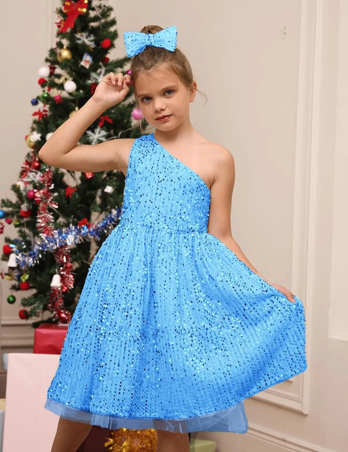 GRACE KARIN Girls Sequin Dress One Shoulder Wedding Party Gown with Hair Bow 5-12Y
