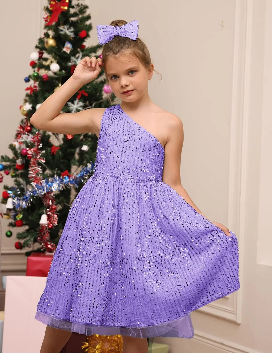 GRACE KARIN Girls Sequin Dress One Shoulder Wedding Party Gown with Hair Bow 5-12Y