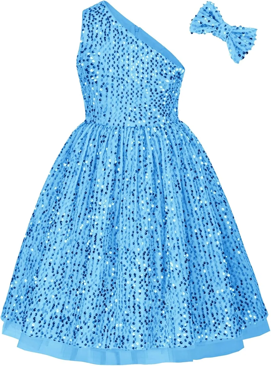 GRACE KARIN Girls Sequin Dress One Shoulder Wedding Party Gown with Hair Bow 5-12Y
