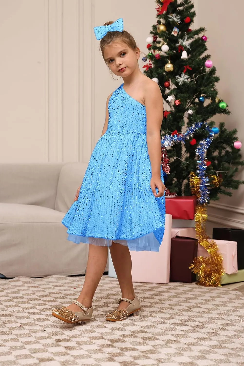 GRACE KARIN Girls Sequin Dress One Shoulder Wedding Party Gown with Hair Bow 5-12Y