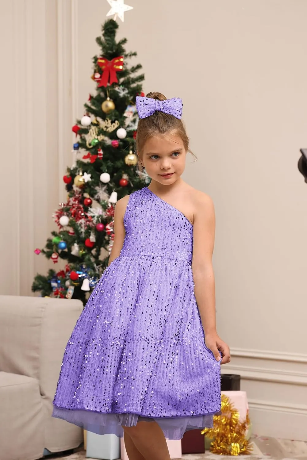 GRACE KARIN Girls Sequin Dress One Shoulder Wedding Party Gown with Hair Bow 5-12Y