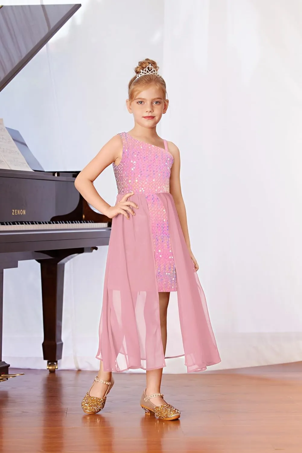 GRACE KARIN Girls Sequin Dress One Sleeve Formal Pageant Prom Party Dresses Size 5-14