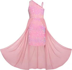 GRACE KARIN Girls Sequin Dress One Sleeve Formal Pageant Prom Party Dresses Size 5-14
