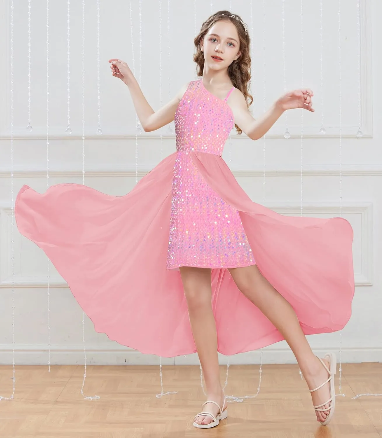 GRACE KARIN Girls Sequin Dress One Sleeve Formal Pageant Prom Party Dresses Size 5-14