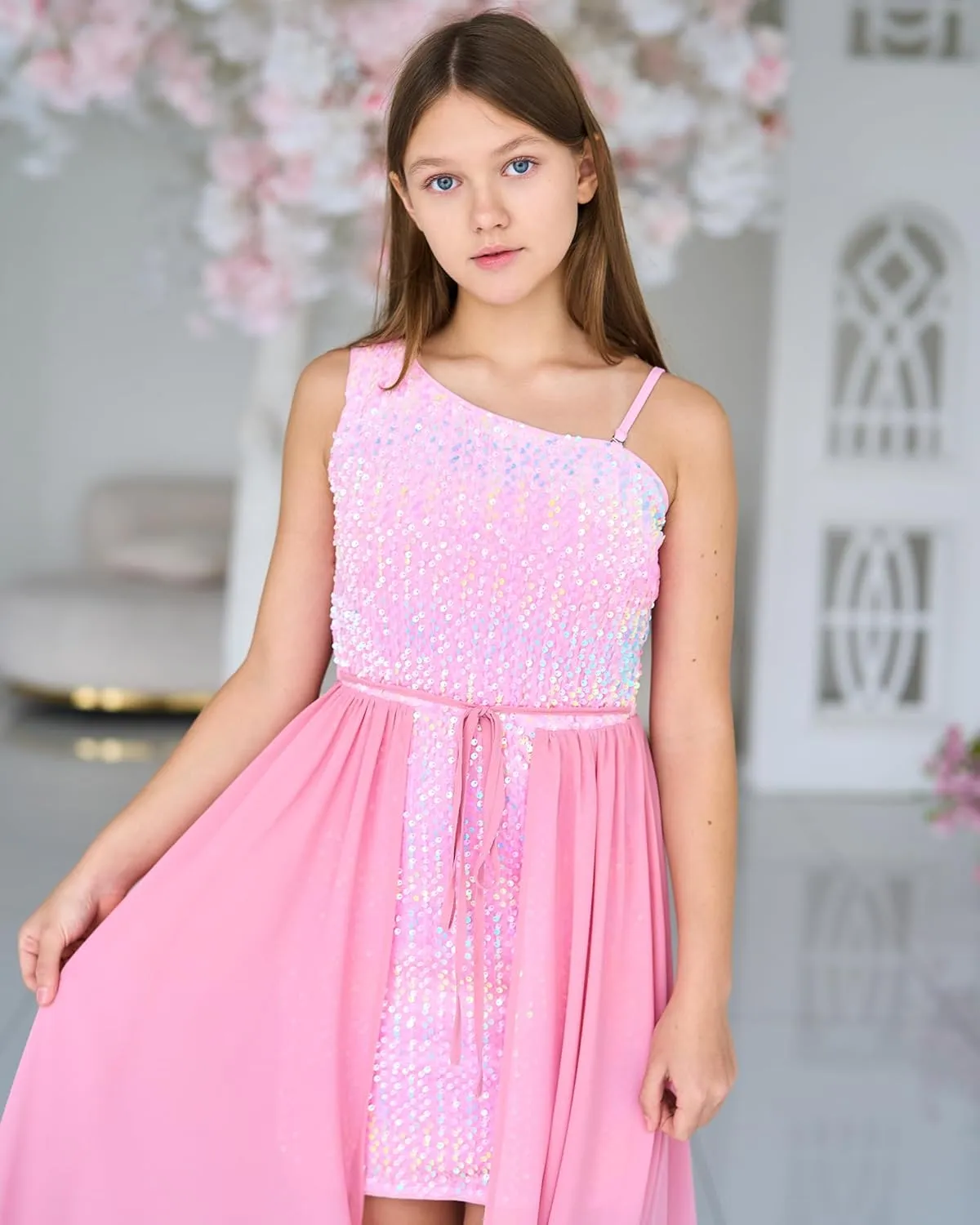 GRACE KARIN Girls Sequin Dress One Sleeve Formal Pageant Prom Party Dresses Size 5-14