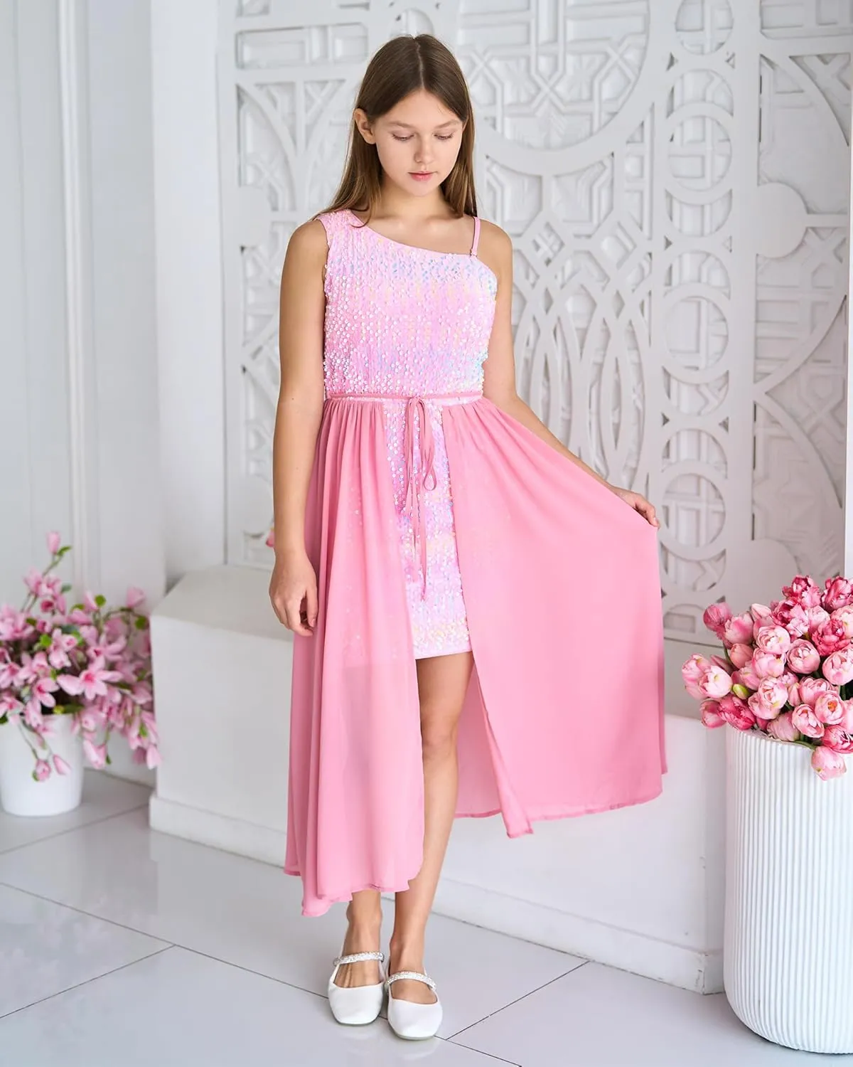 GRACE KARIN Girls Sequin Dress One Sleeve Formal Pageant Prom Party Dresses Size 5-14