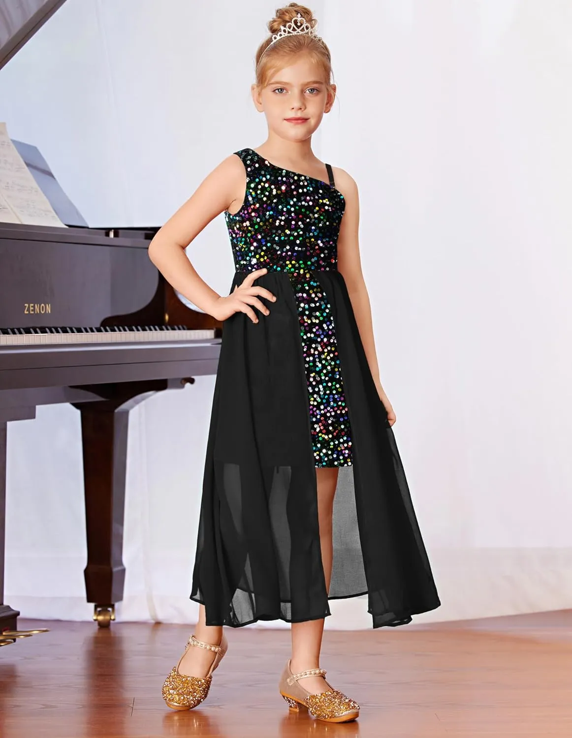 GRACE KARIN Girls Sequin Dress One Sleeve Formal Pageant Prom Party Dresses Size 5-14