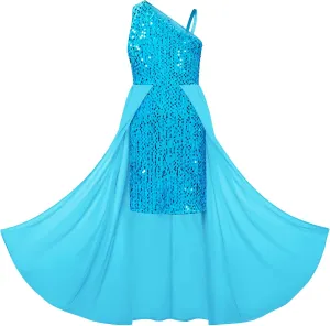 GRACE KARIN Girls Sequin Dress One Sleeve Formal Pageant Prom Party Dresses Size 5-14