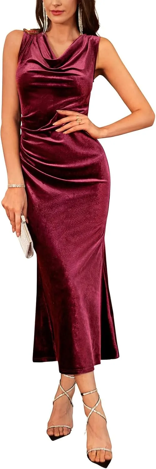 GRACE KARIN Womens Cowl Neck Long Formal Dresses Fall Velvet Sleeveless Maxi Bodycon Dress Ruched Mermaid Cocktail Dress