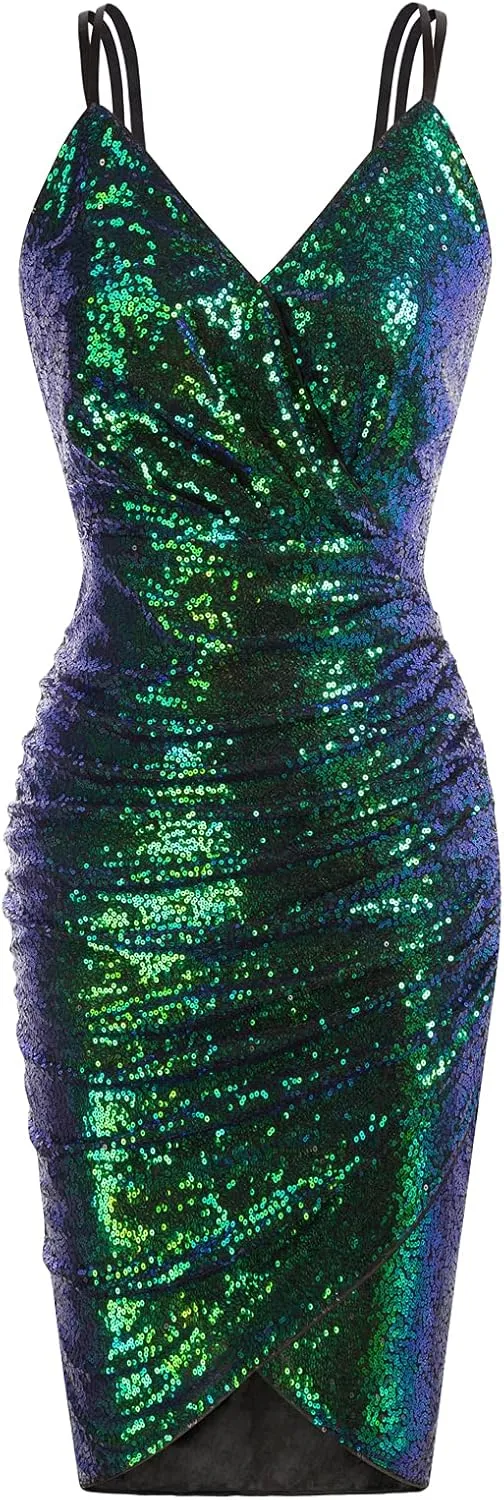 GRACE KARIN Women's Sexy Sequin Sparkly Glitter Ruched Party Club Dress Spaghetti Straps Wrap V-Neck Bodycon Dress
