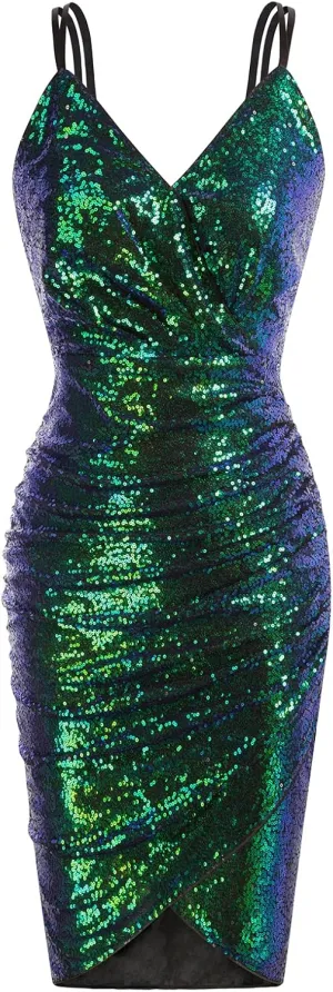 GRACE KARIN Women's Sexy Sequin Sparkly Glitter Ruched Party Club Dress Spaghetti Straps Wrap V-Neck Bodycon Dress