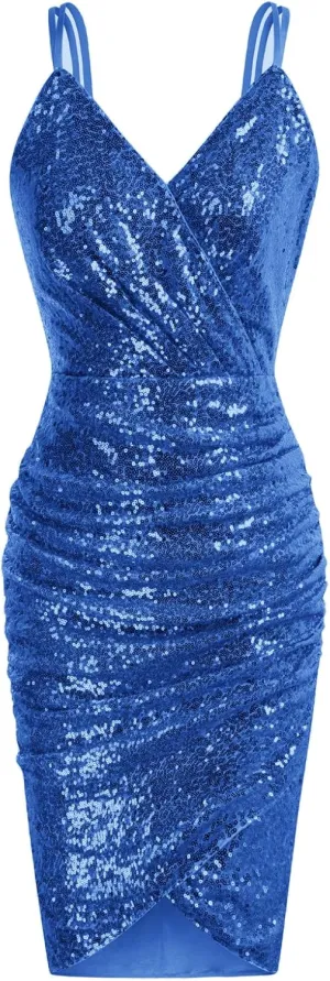 GRACE KARIN Women's Sexy Sequin Sparkly Glitter Ruched Party Club Dress Spaghetti Straps Wrap V-Neck Bodycon Dress