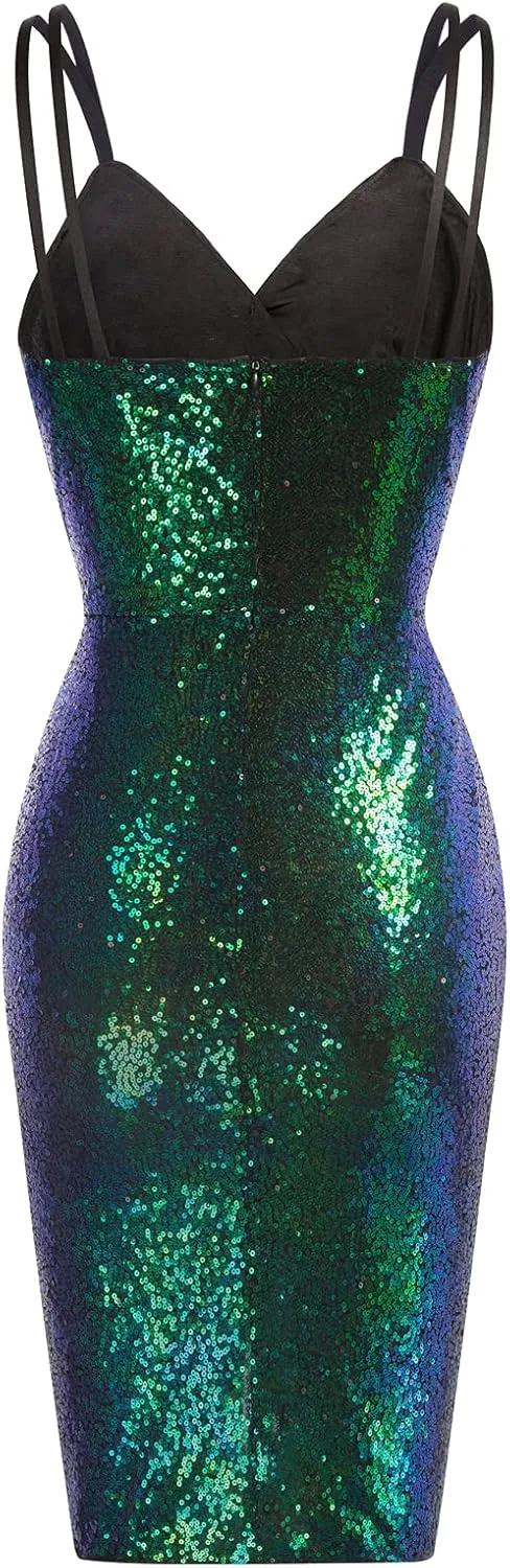 GRACE KARIN Women's Sexy Sequin Sparkly Glitter Ruched Party Club Dress Spaghetti Straps Wrap V-Neck Bodycon Dress